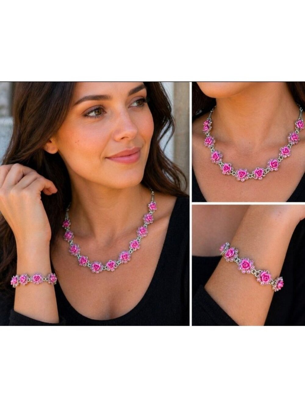 Vtg 90's Y2K Avon Metallic Frosted Pink Rose Nina Ricci Choker Bracelet 2 Pc Set - Picture 9 of 9